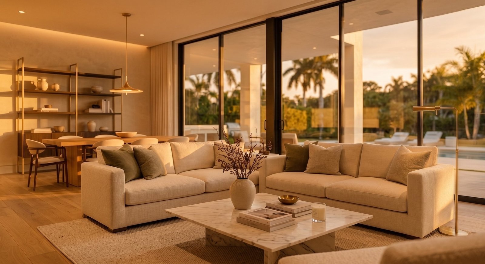 A calm, sunlit living room at dusk — the kind of home a well-run household makes possible