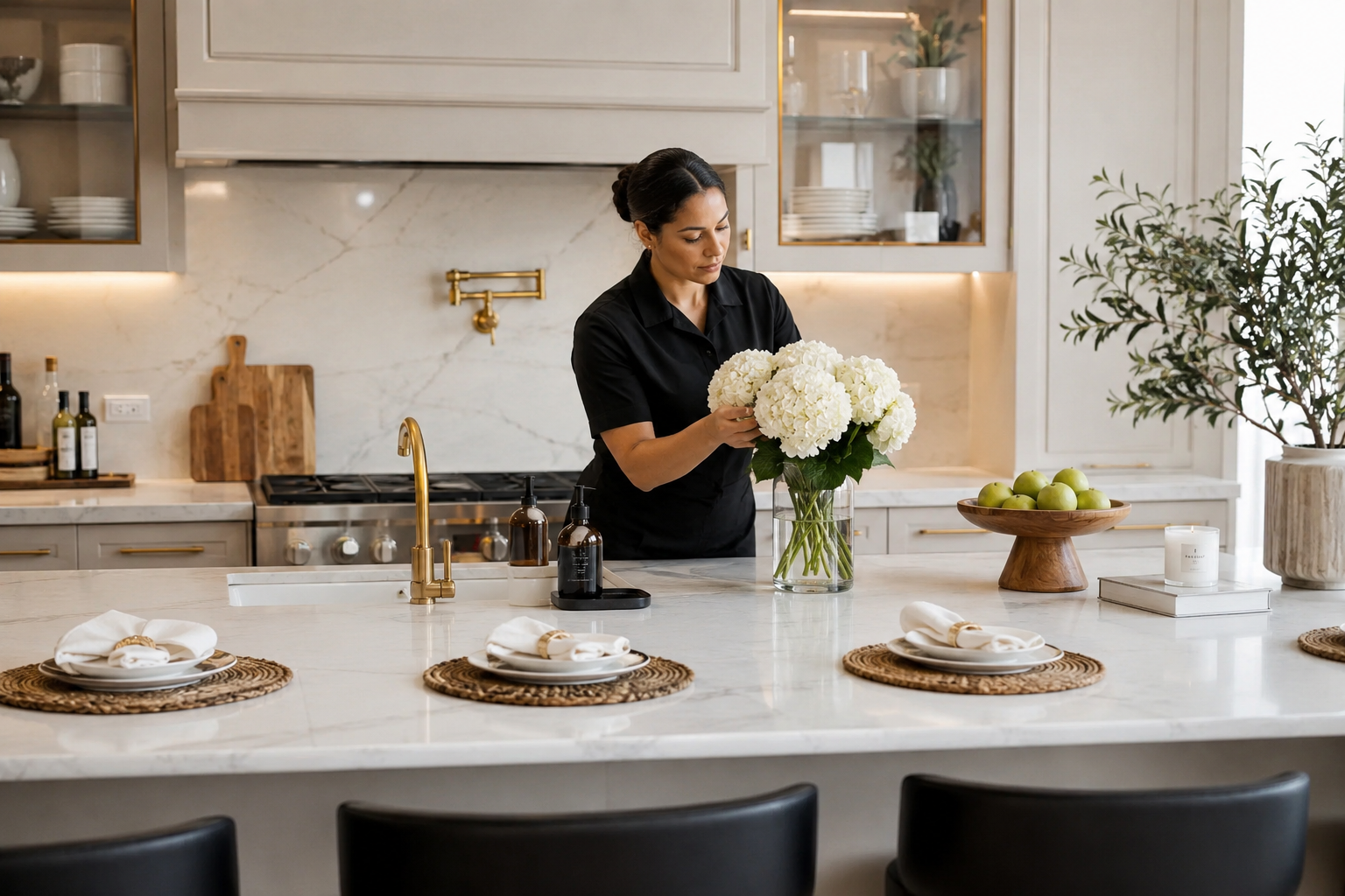 A household professional arranging flowers in a private kitchen — skilled, attentive work