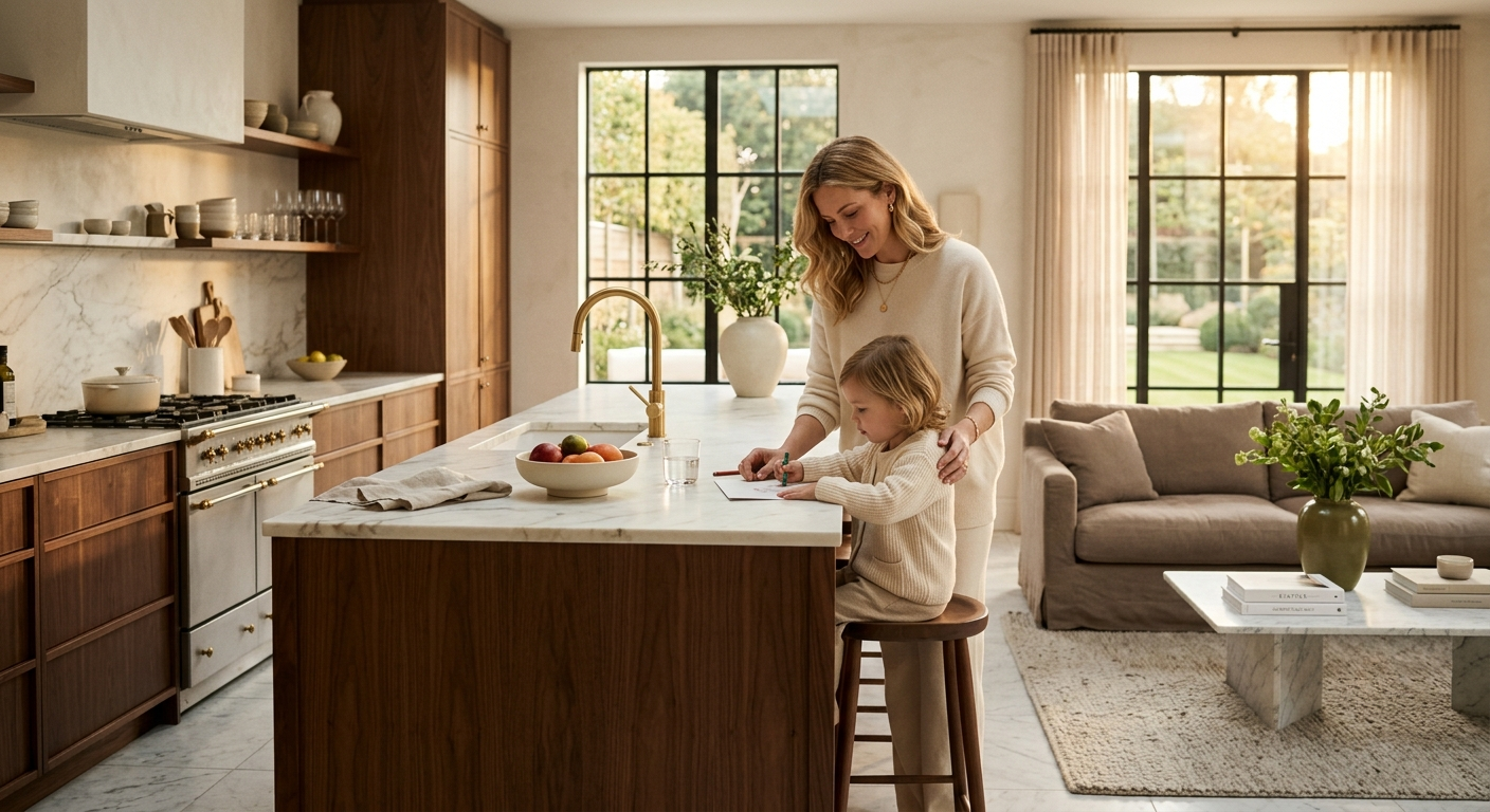 A mother and daughter at the kitchen island, present with each other because the household runs itself