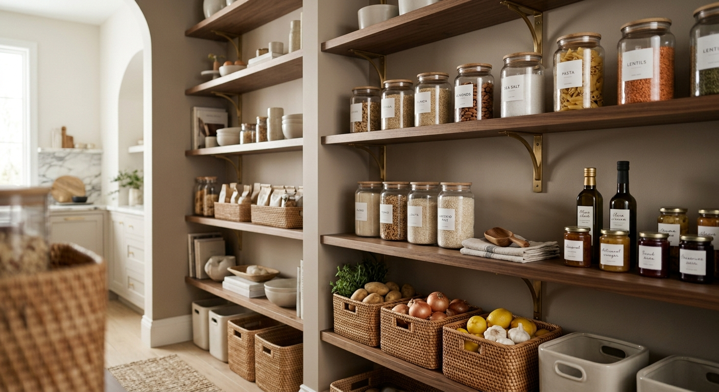A beautifully organized, labeled pantry — the physical result of a household that runs on systems, not memory