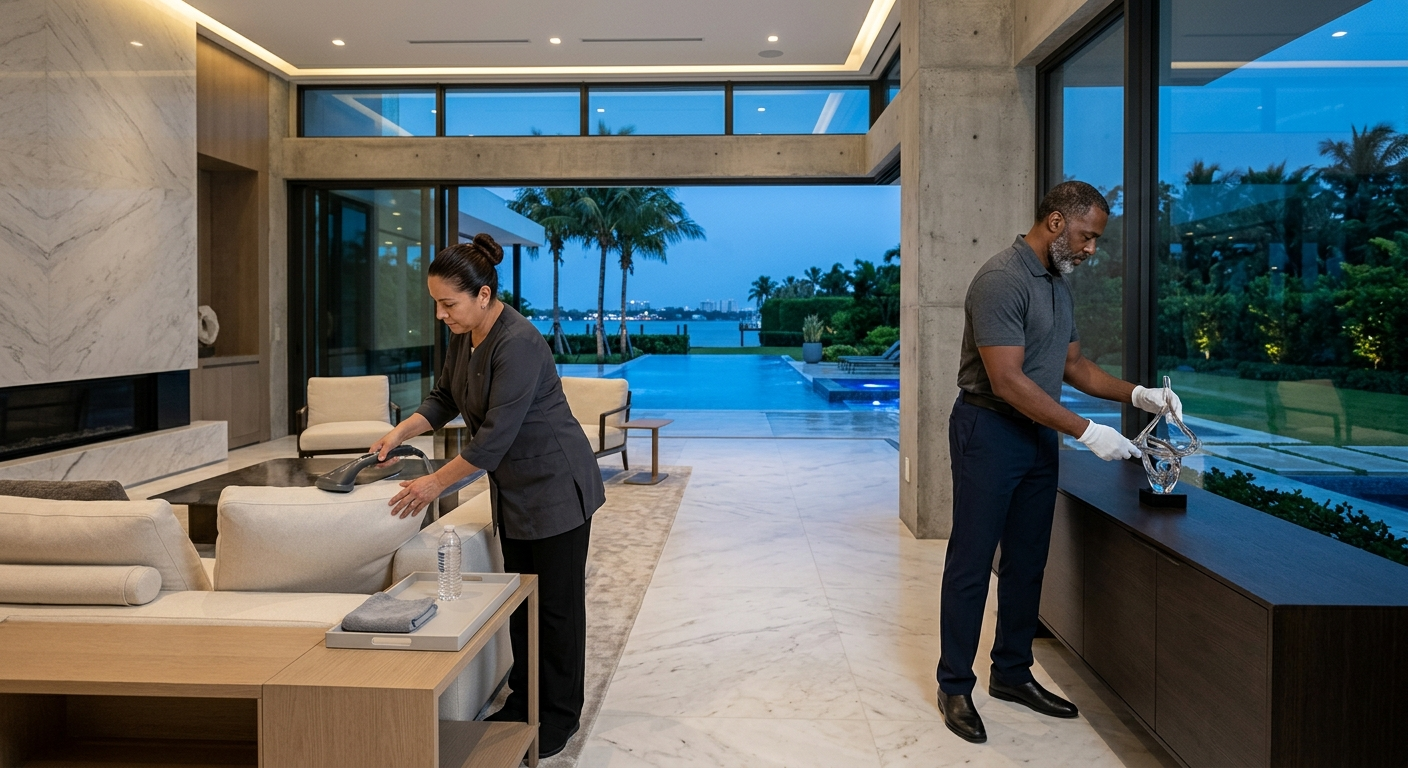 Two household professionals working together in a private residence, attending to the details of the home